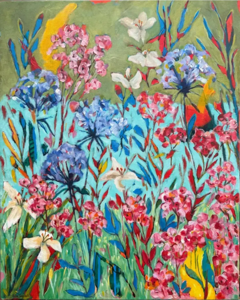 Vibrant acrylic painting of a garden of pink, blue and white flowers on green and turquoise by Julie Tugwell.