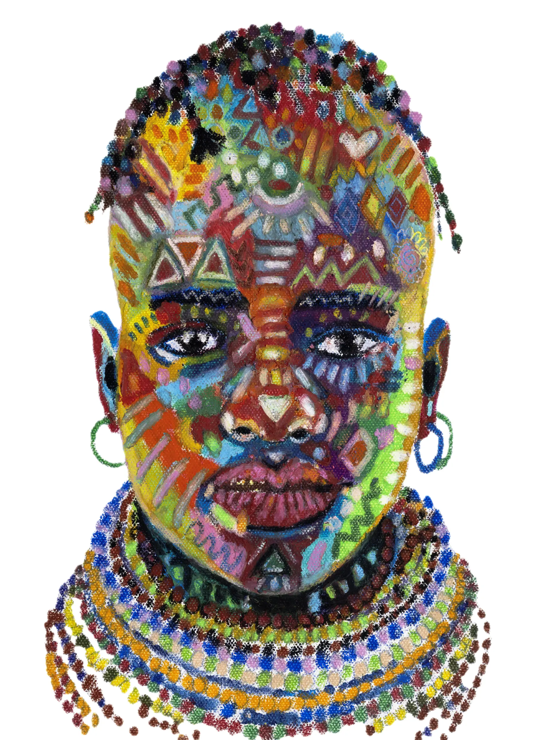 Fine art print of Bongani by Julie Tugwell, a symmetrical patterned portrait with a beaded collar.