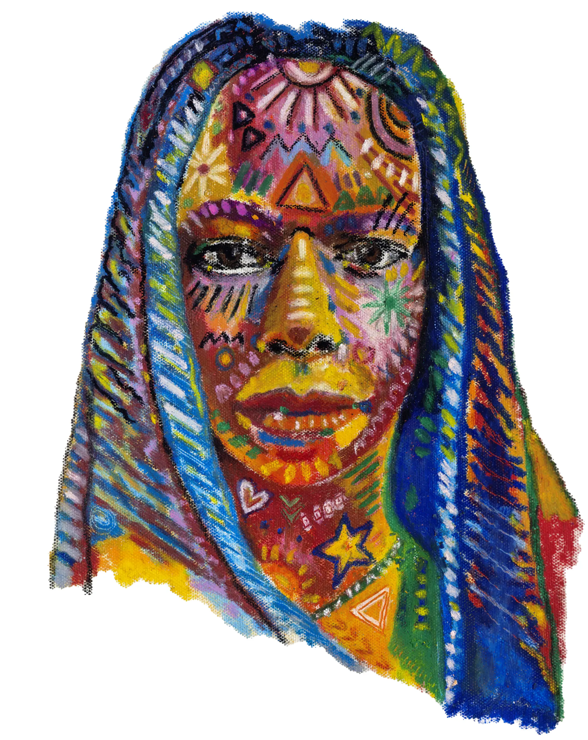 Fine art print of Makia by Julie Tugwell, a portrait in a long striped headcloth with drawn symbols.
