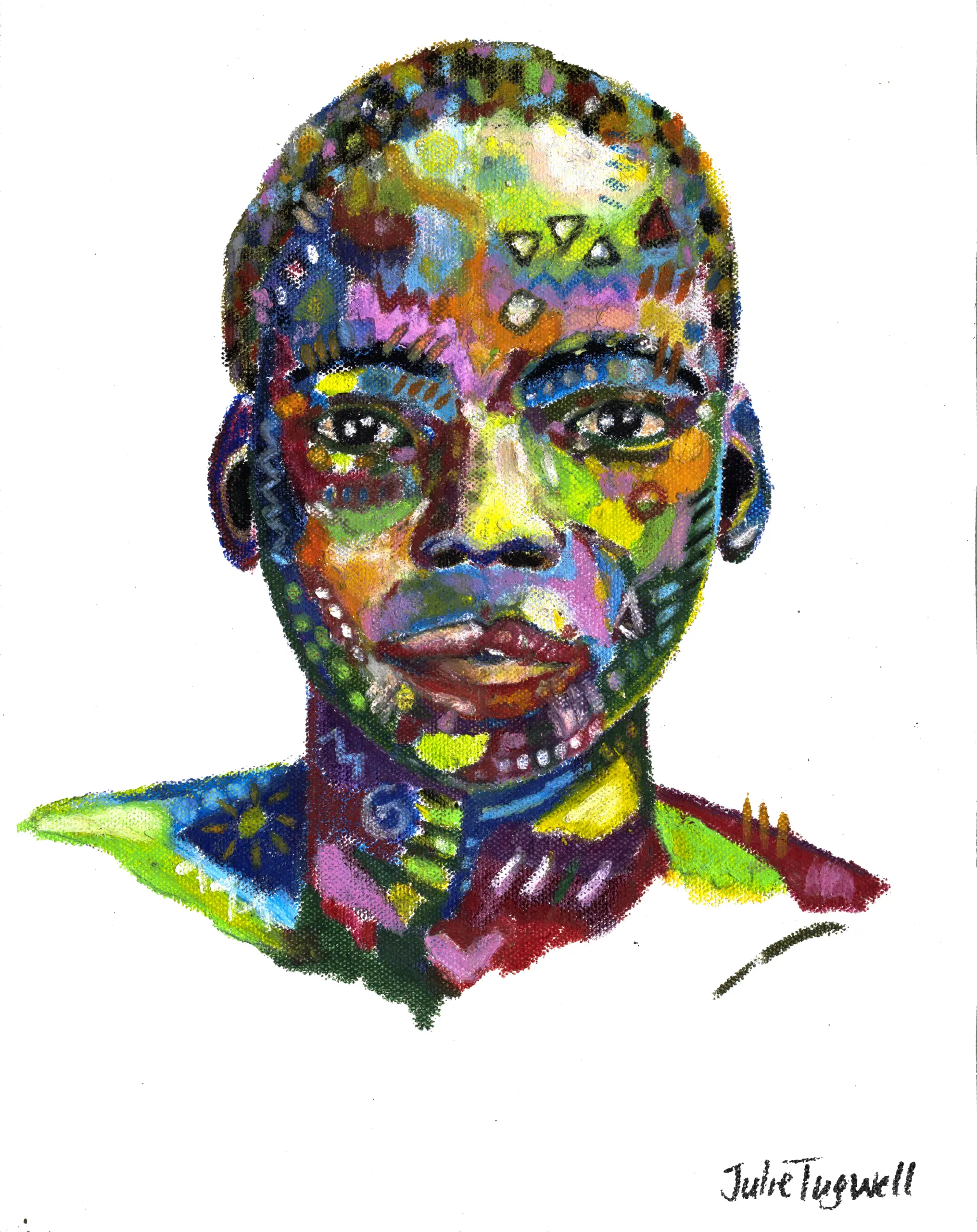 Fine art print of Tumelo by Julie Tugwell, a softly drawn portrait with a patterned collar on white.