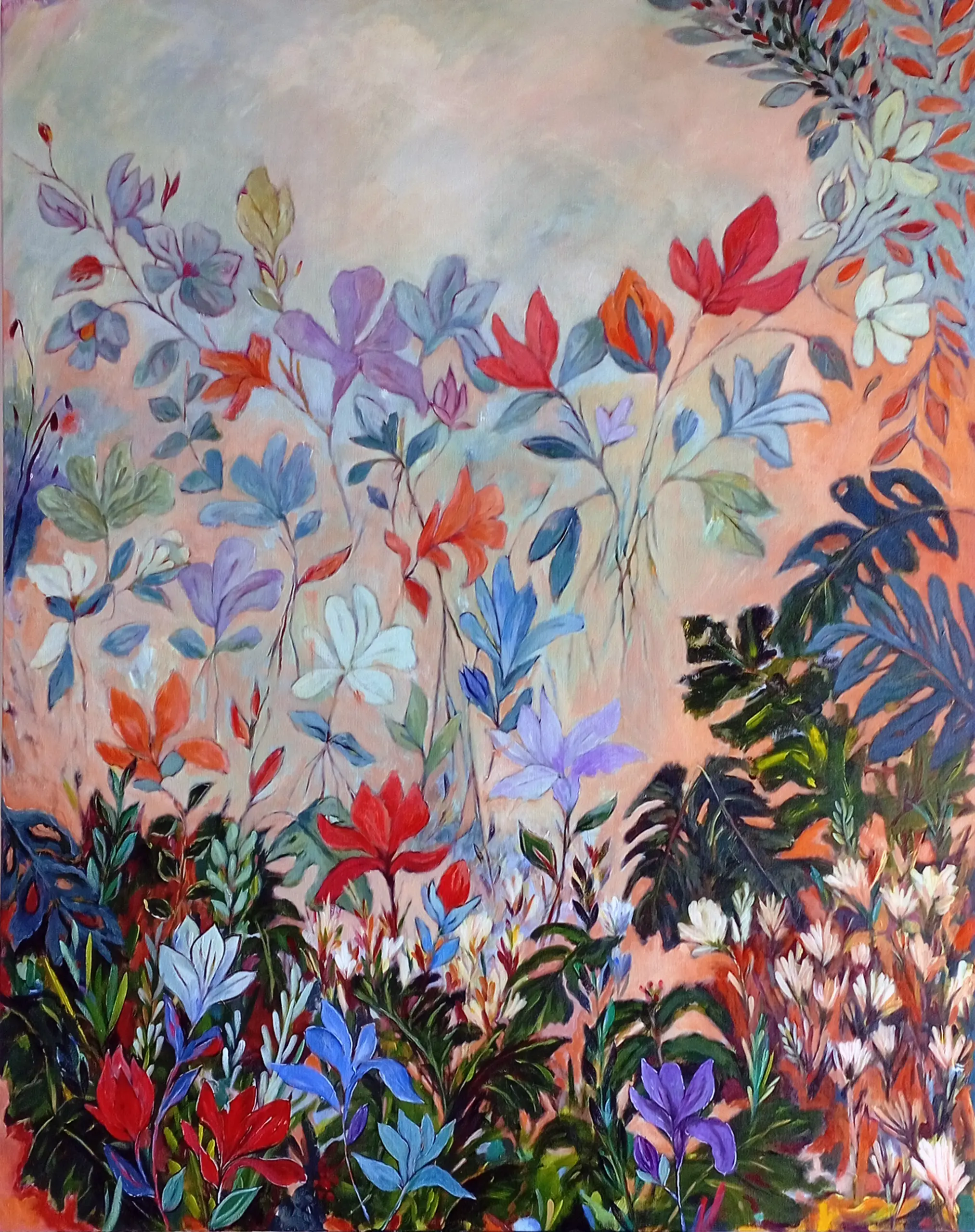 Original acrylic floral by Julie Tugwell: abundant red, blue and purple blooms rising from lush foliage on a warm coral ground.