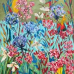 Vibrant acrylic painting of a garden of pink, blue and white flowers on green and turquoise by Julie Tugwell.