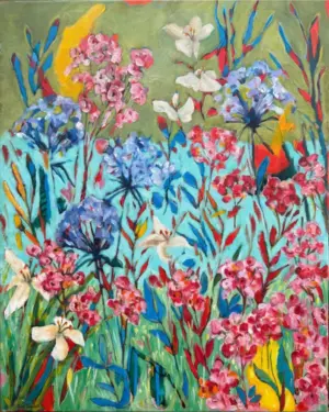 Vibrant acrylic painting of a garden of pink, blue and white flowers on green and turquoise by Julie Tugwell.