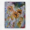 Expressive oil painting of drooping golden sunflowers against a soft blue-grey background by Julie Tugwell.