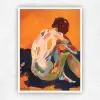 Colourful oil nude of a seated woman from behind in pinks and greens against a glowing orange ground, by Julie Tugwell.
