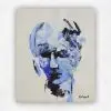 Expressive abstract portrait of a head in cobalt, sky and navy blue on a cream ground, by Julie Tugwell.