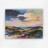Expressive acrylic landscape with a dark cloud, warm glowing light and gold, red and blue land by Julie Tugwell.
