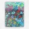 Vibrant acrylic painting of South African fynbos flowers in pinks, blues and greens on teal, by Julie Tugwell.