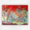 Large acrylic and charcoal painting of a reclining nude with lilies against fiery red and orange, by Julie Tugwell.