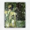 Painterly oil of a seated female nude from behind by green woodland water, in yellows and olive greens, by Julie Tugwell.
