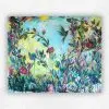 Large vivid floral acrylic painting of flowering stems and a hummingbird against a turquoise sky, by Julie Tugwell.
