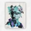 Expressive abstract portrait of a head in turquoise, teal and black on a cream ground, by Julie Tugwell.