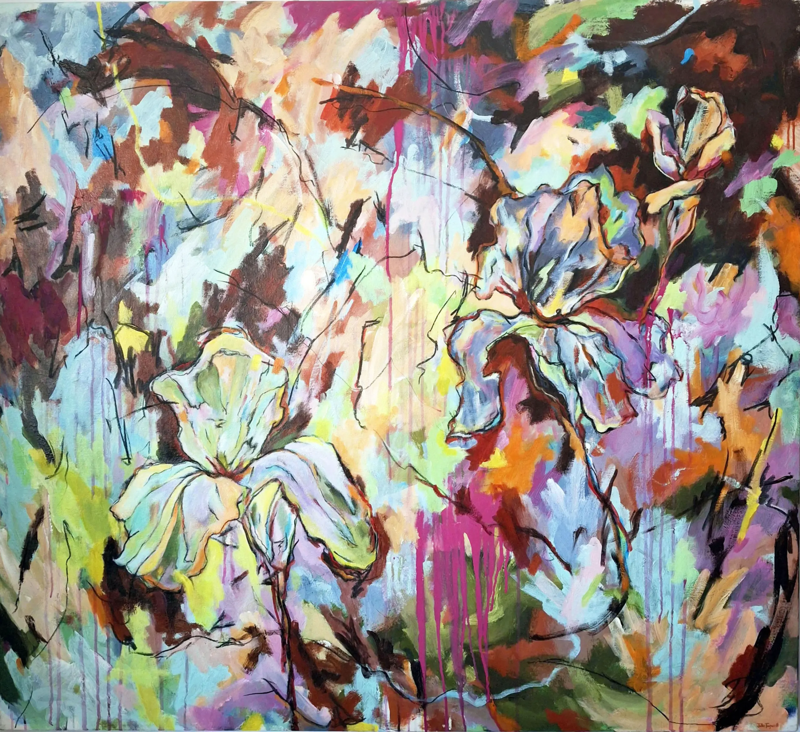 Julie Tugwell Art <br> Tempestous Petals Bloom at Noon <br>Acrylic and charcoal on stretched canvas <br>1350 mm x 1240 mm