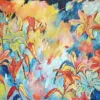 Vibrant floral acrylic painting of coral and gold lilies against blue and yellow by Julie Tugwell.