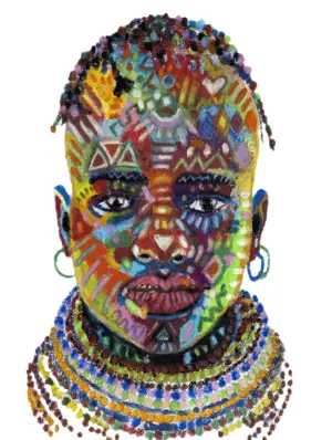 Fine art print of Bongani by Julie Tugwell, a symmetrical patterned portrait with a beaded collar.