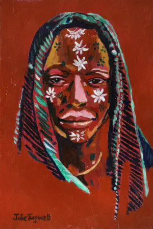 Fine art print of Wisdom by Julie Tugwell, a portrait with braided hair and white flowers on terracotta.