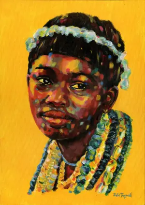 Fine art print of Noxolo by Julie Tugwell, a smiling portrait with beaded necklaces on golden yellow.