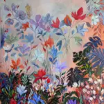 Original acrylic floral by Julie Tugwell: abundant red, blue and purple blooms rising from lush foliage on a warm coral ground.